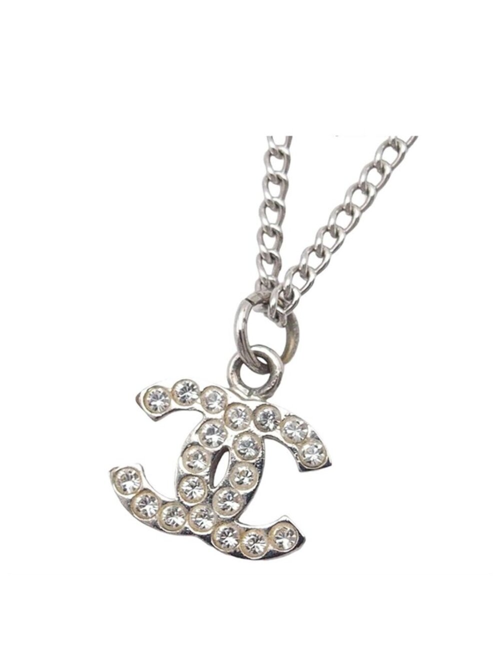 Chanel Necklace CC Logo Silver Metal Rhinestone